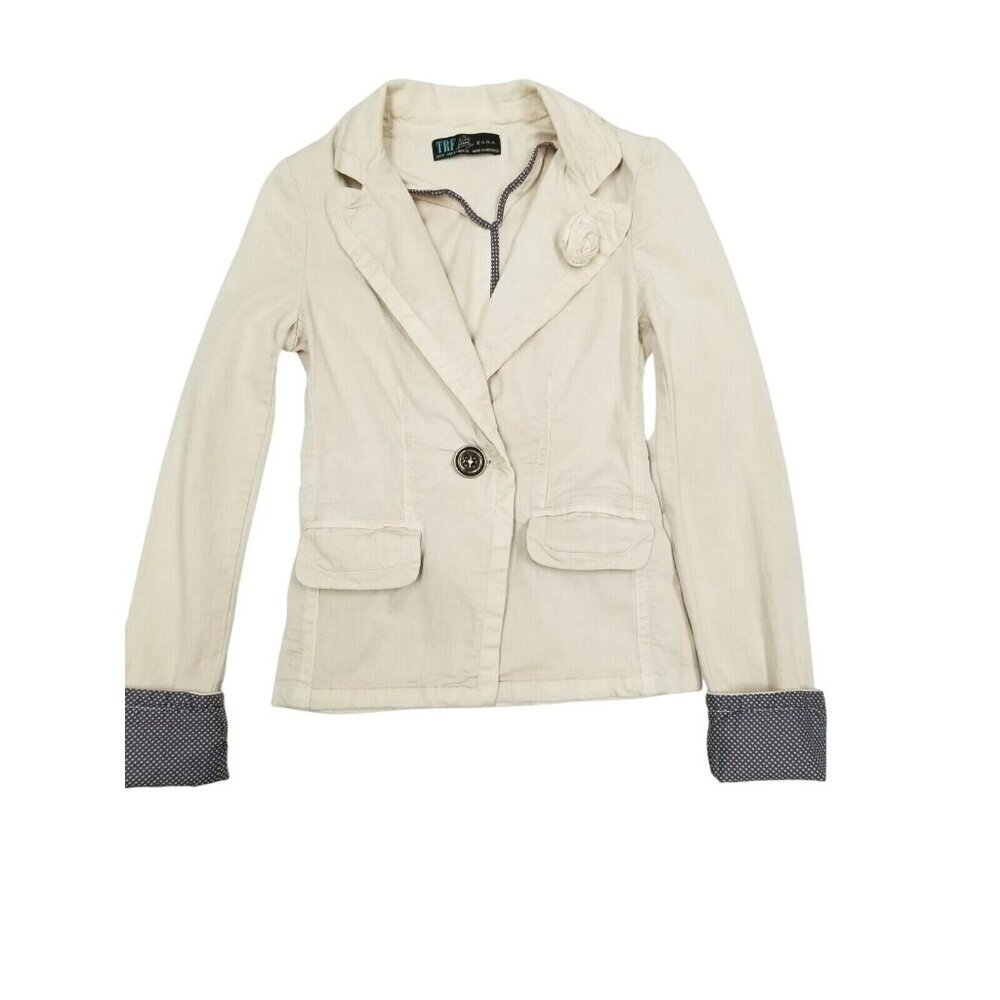 Zara TRF Chic Femme Beige Blazer Jacket With Rosette & Polka Dot Trim Size S